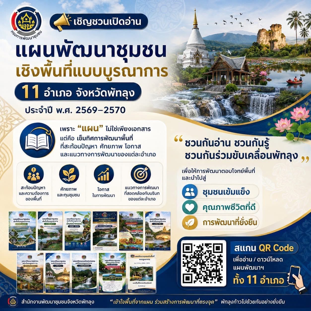 พช.ศรีนครินทร์ ขอเชิญชวนเปิดอ่าน “แผนพัฒนาชุมชนเชิงพื้นที่แบบบูรณาการ (พ.ศ.2569-2570) ระดับอำเภอ” ร่วมทำความรู้จักทิศทางการพัฒนาชุมชนของ 11 อำเภอ จังหวัดพัทลุง ประจำปี พ.ศ. 2569–2570